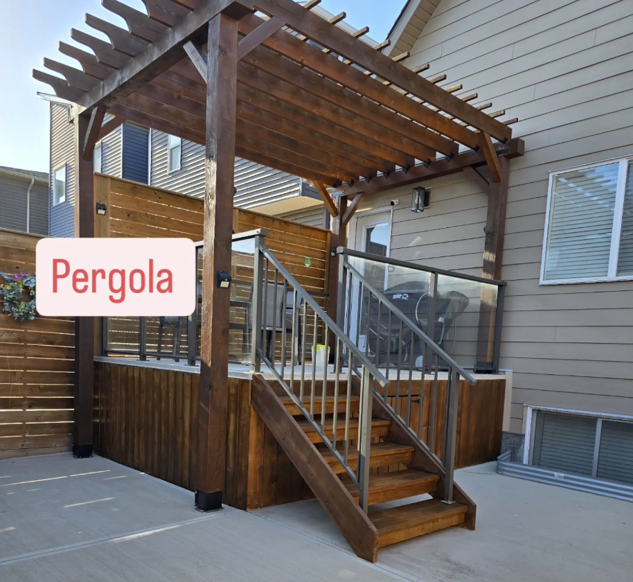 Wooden deck with integrated pergola providing shade and architectural interest